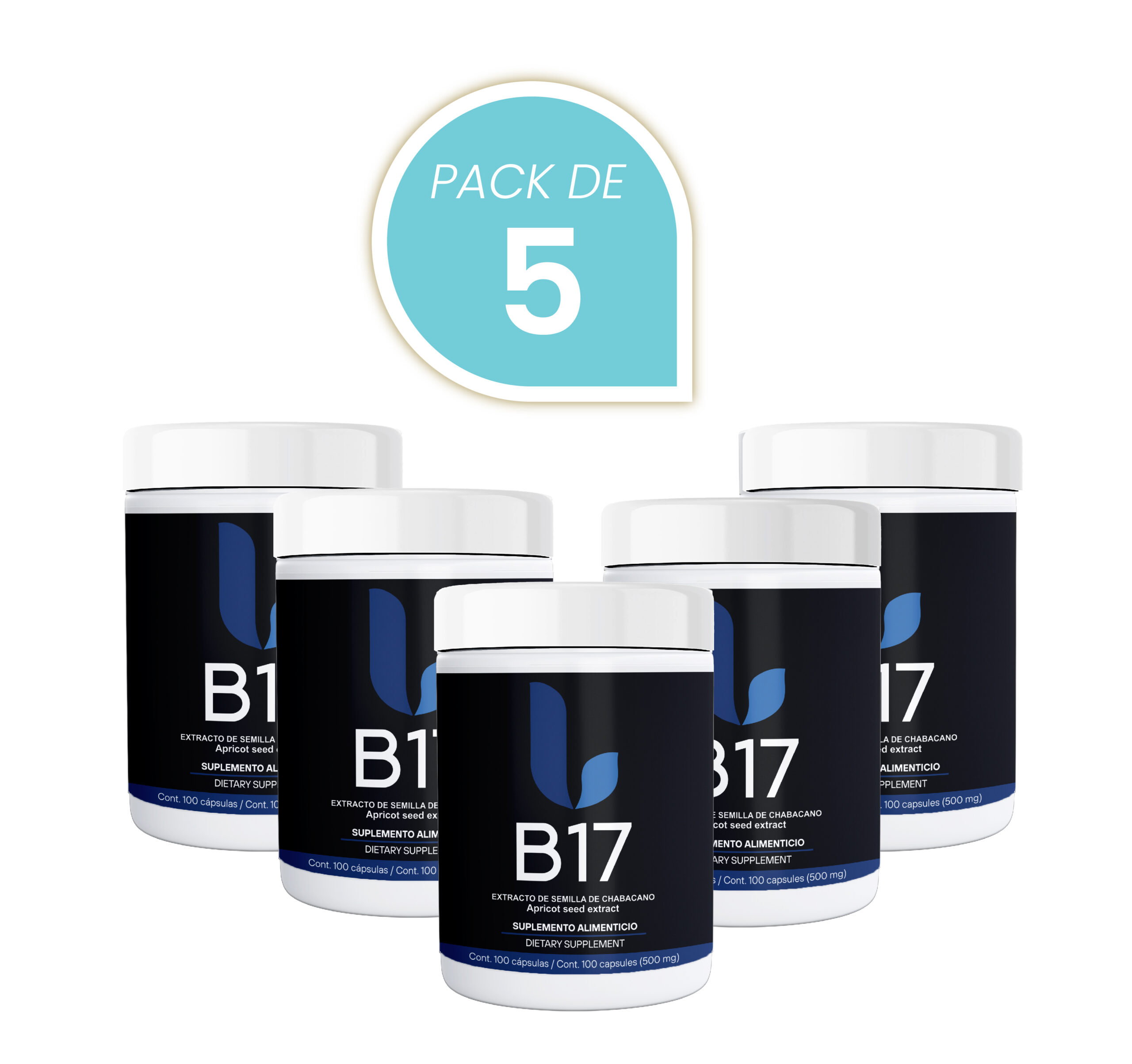 Vitamina B17 Extracto de Semilla de Chabacano, Amigdalina, Laetrile 500mg con 100 Capsulas Pack de 5